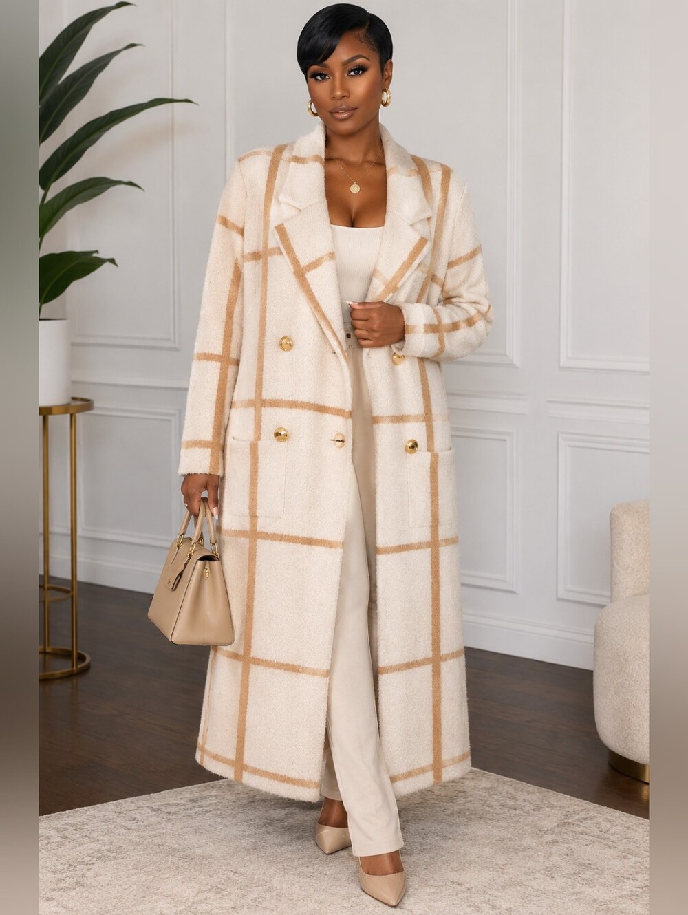 Venini Cream Plaid Long Sweater Cardigan with Tan Grid Size M but OVERSIZED 🔥🔥